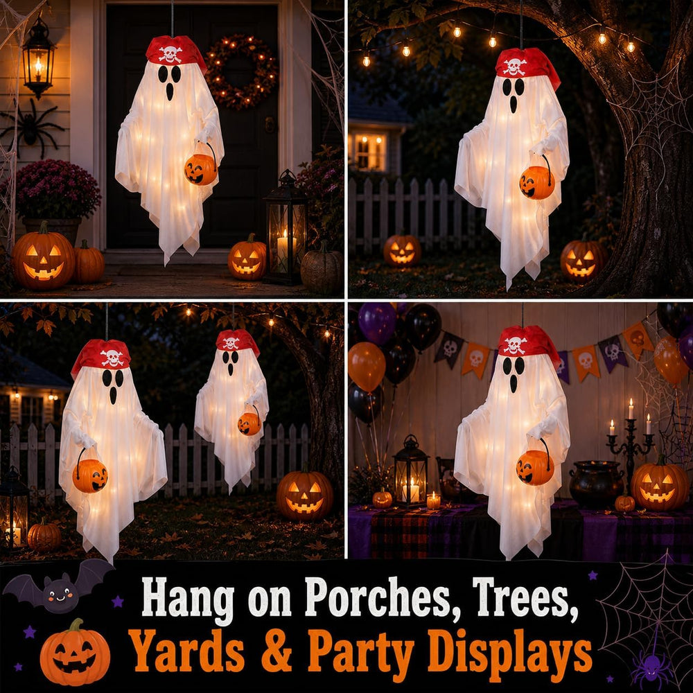 JPXH 2 Pack Hanging Pirate Ghost Decorations with Lights for Halloween