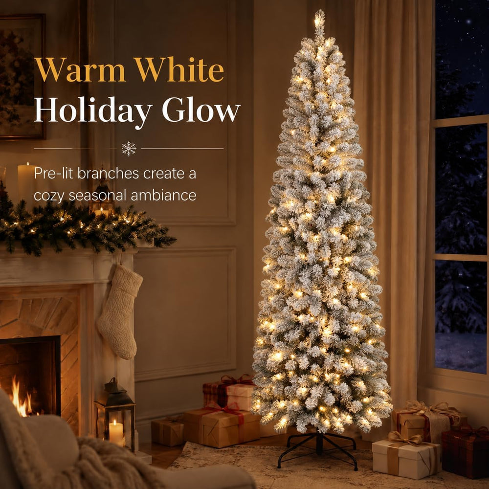 7ft Prelit Slim Pencil Flocked Artificial Christmas Tree-WarmWhite