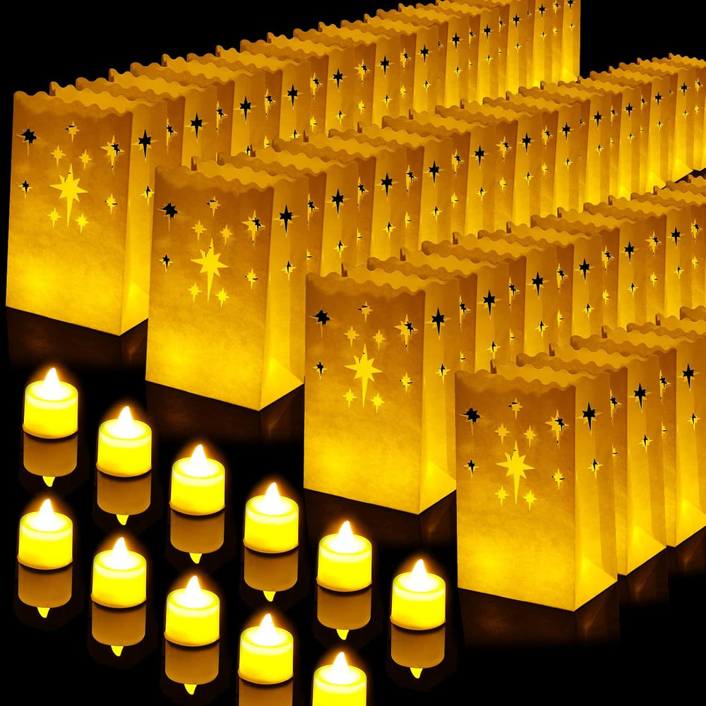 50 Sets Luminary Bags with Flameless Candles Outdoor Luminaries, Firework