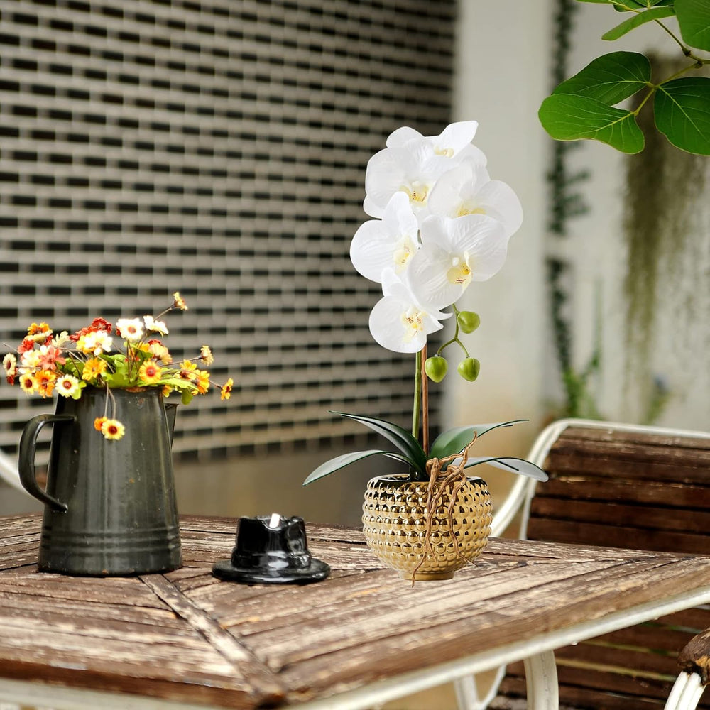 Orchids Artificial Flowers, 15" Faux Orchid in Gold Flower Pot Real Touc...