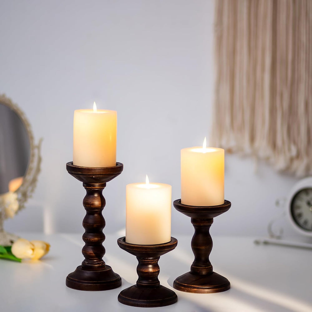 Romadedi Wood Candle Holders for Pillar, Dark Brown, Set of 3