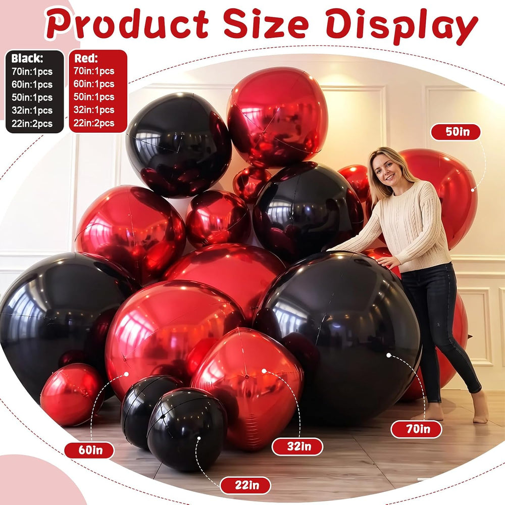 12 Pcs Giant Red Black Metallic Party Balloons, Assorted