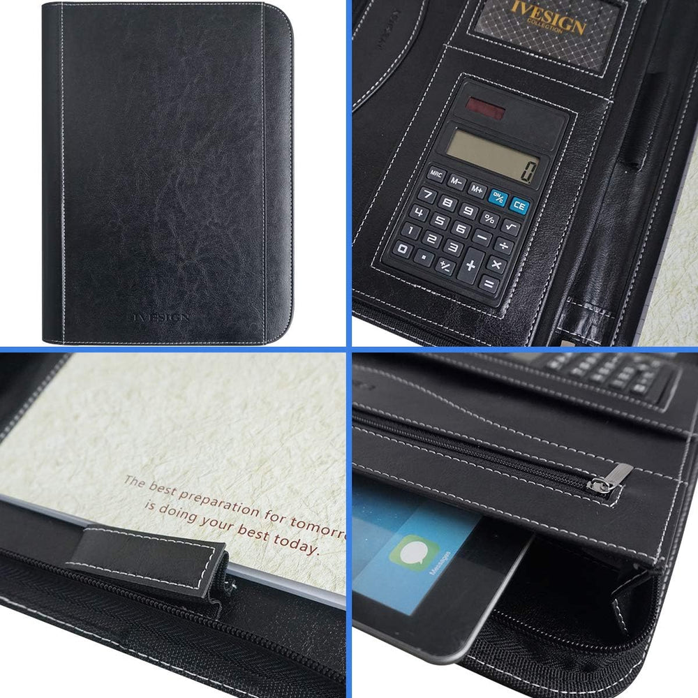 Faux Leather Portfolio Padfolio Organizer with Calculator, Writing Pad, Zippe...