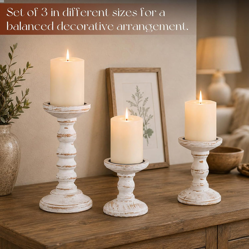 Wood Candle Holder for Pillar, White Farmhouse Fireplace Decor