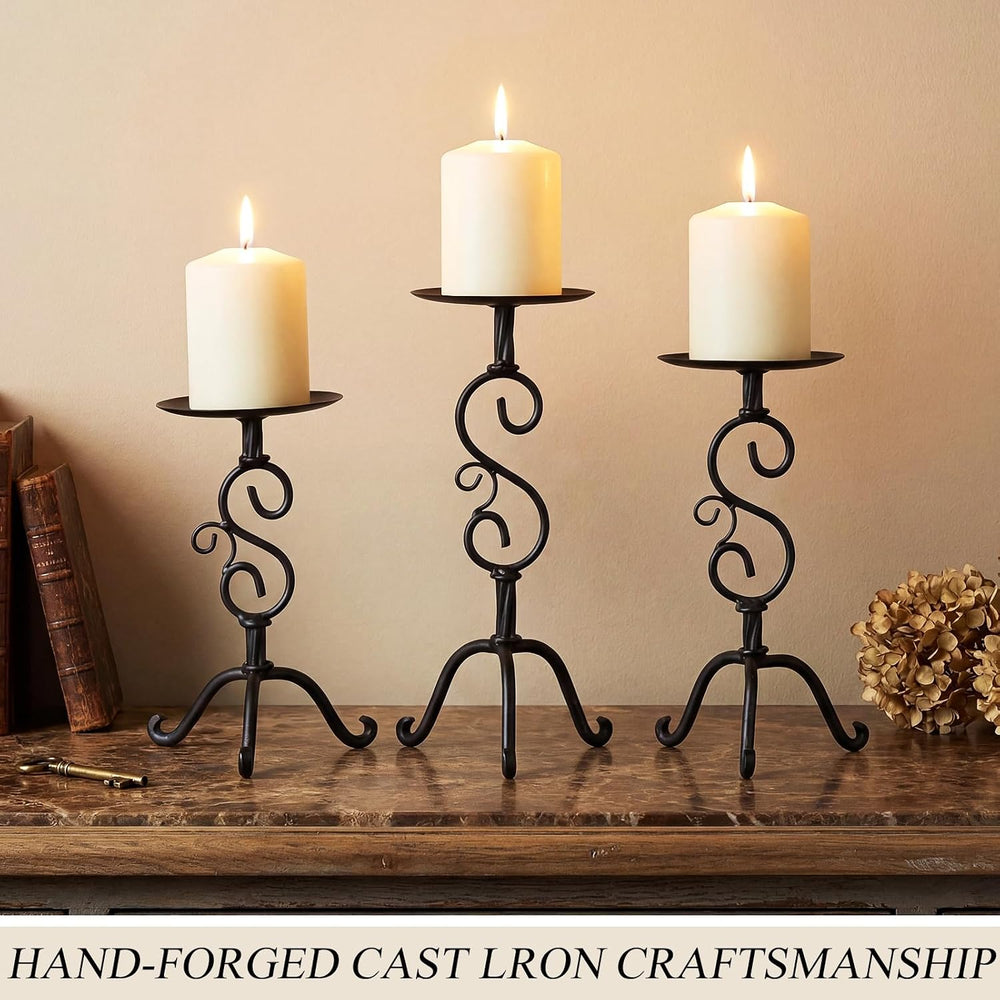 3 Pcs Black Iron Candlestick Holders 11.8,9.8,6.3 Inch, Classic