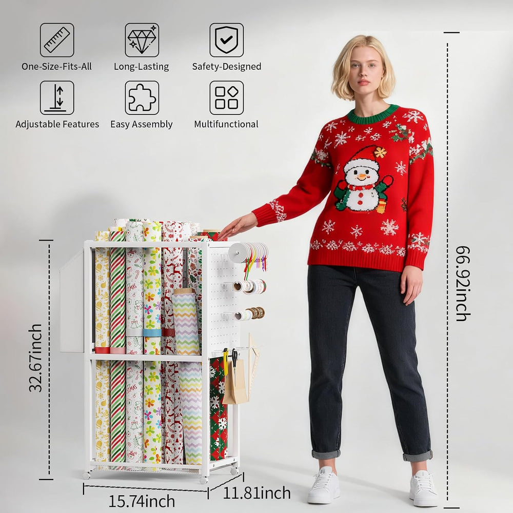 Wrapping Paper Storage, Rolling Gift Wrap Paper Organizer Cart with Wheels