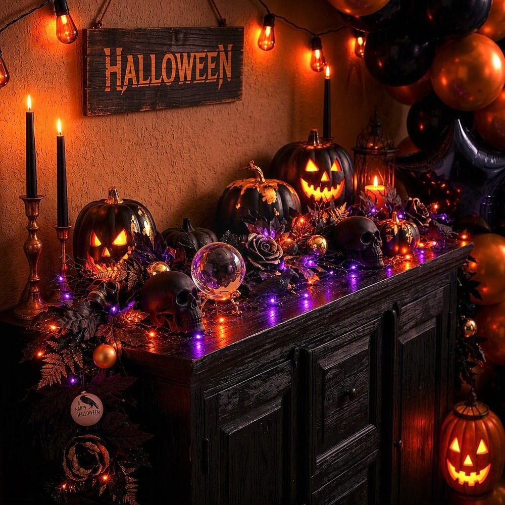 DecorbyHannah 6ft Halloween Garland for Mantle with Lights Black Rose Decor