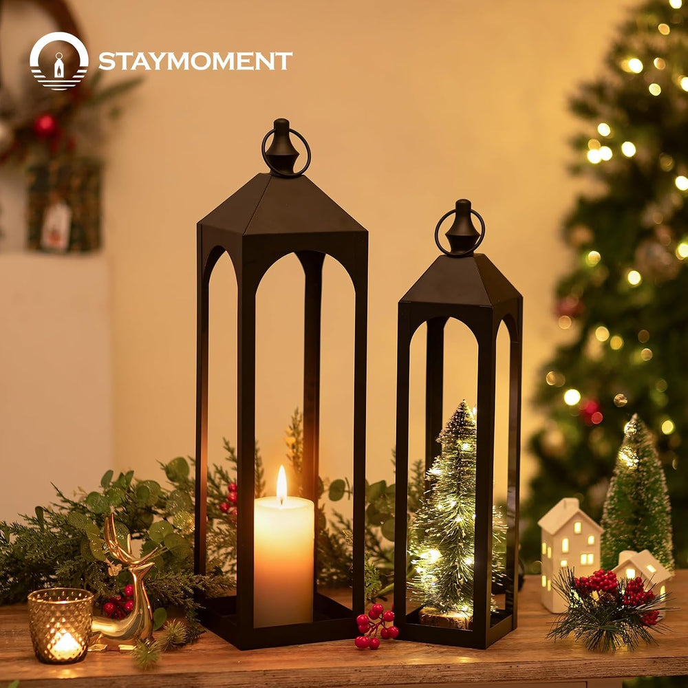 24" & 20" Large Outdoor Floor Lantern, Black Fall Porch Decor