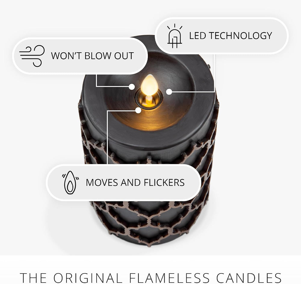 Luminara Fretwork Pillar Candle, Black 3.5" x 6.5", Real Wax LED