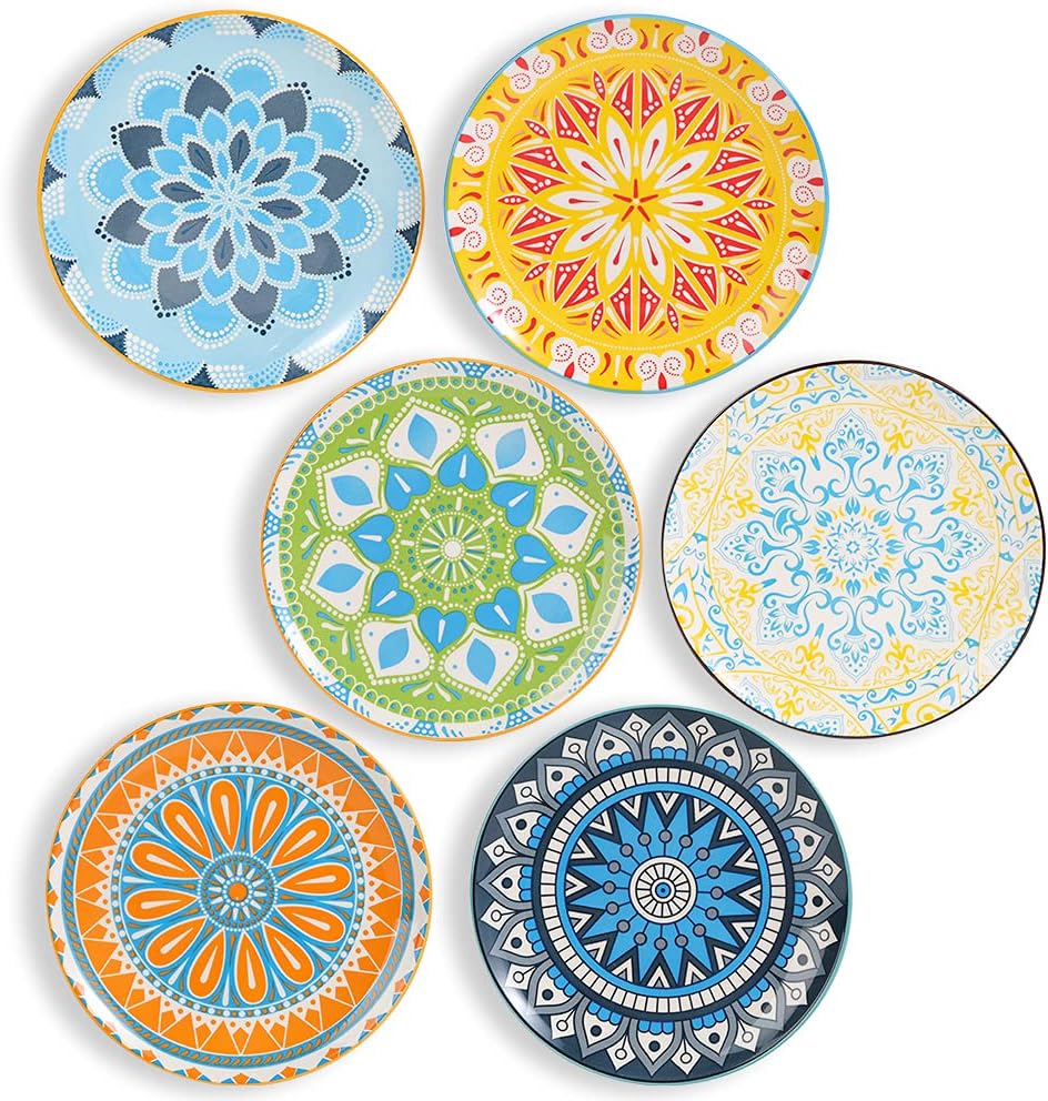 Dessert Plate Set of 6-8 Inch Ceramic Salad and Appetizer Plates - Vibrant Mi...