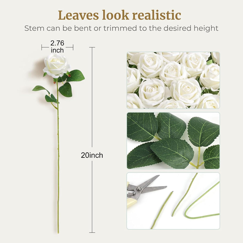 Auihiay 60PCS White Roses Artificial Flowers, Fake Roses, Velvet Silk