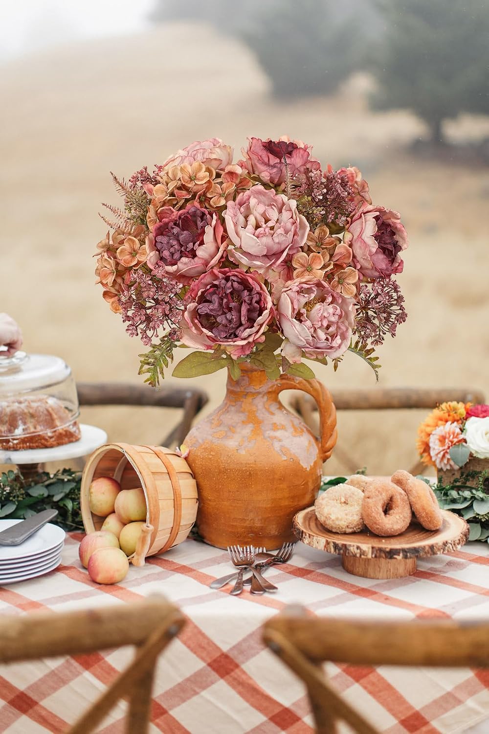 Hollyone 2Pcs Artificial Fall Flowers Bouquet 18.8" Pink Dried Peony Hyd...