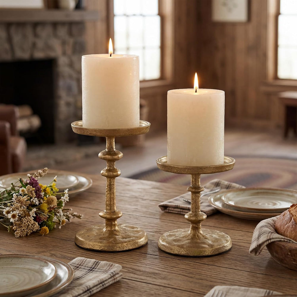 Gold Cast Iron Pillar Candle Holders Set of 2 Farmhouse Candlesticks