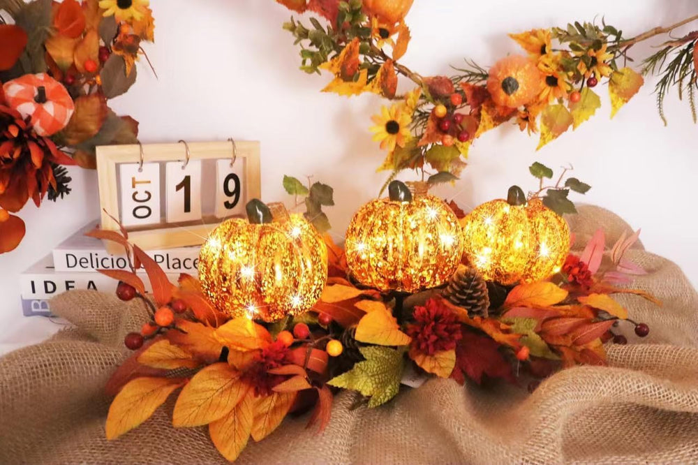 LED Lighted Pumpkin Fall Centerpiece with Maple Leaves, Berries & Pinecon...