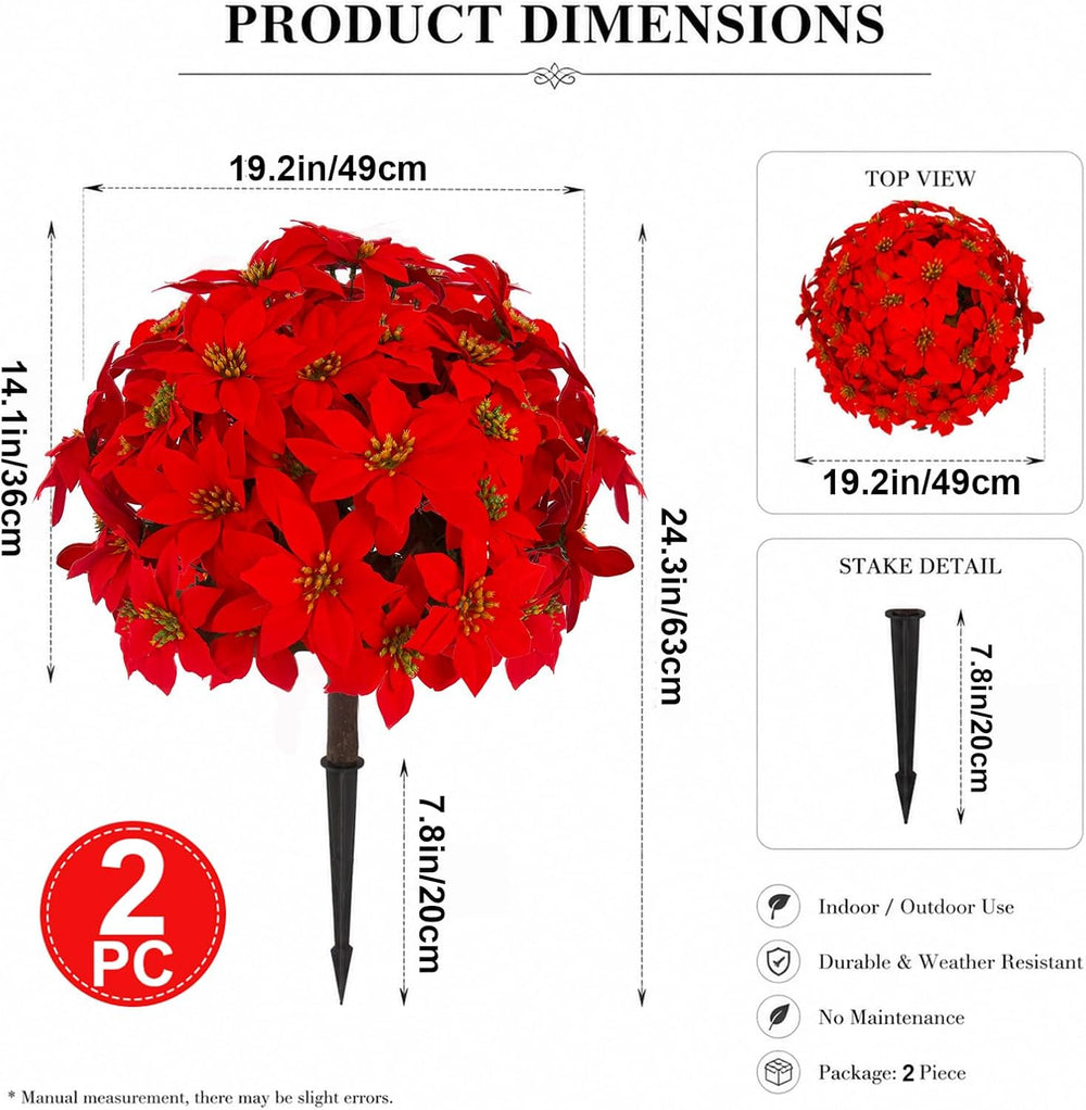 Daynight 2Pcs Artificial Poinsettia Plants With Stakes Outdoor, 24 Inch Red