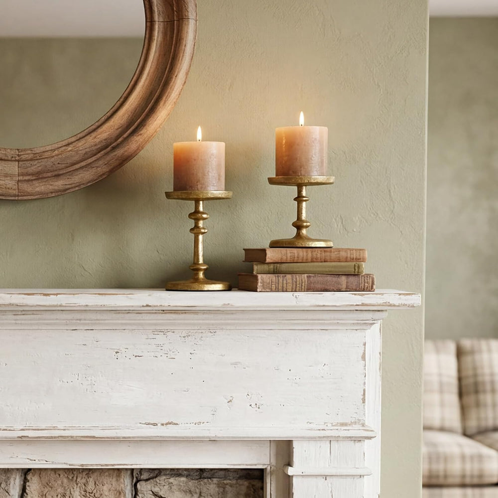 Gold Cast Iron Pillar Candle Holders Set of 2 Farmhouse Candlesticks