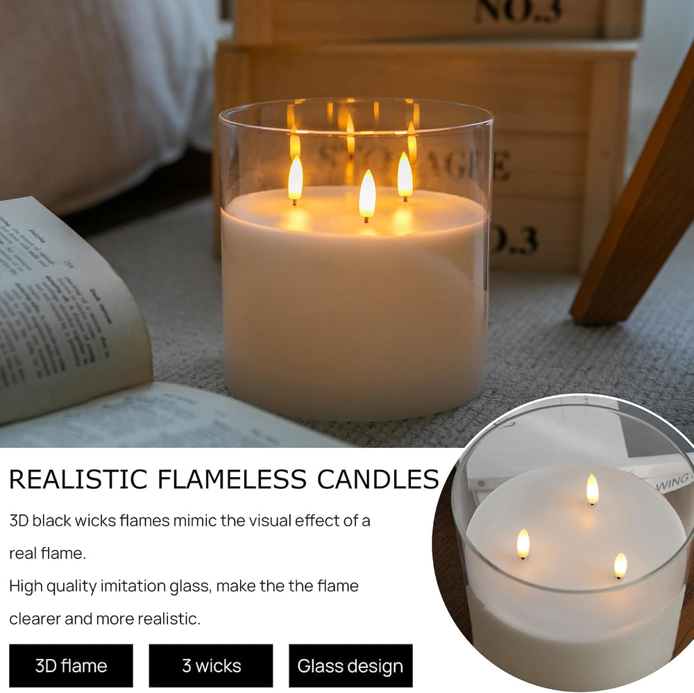 Extra Large Flameless Candles with 3 Wicks, 6"x6" Glass Battery Ope...