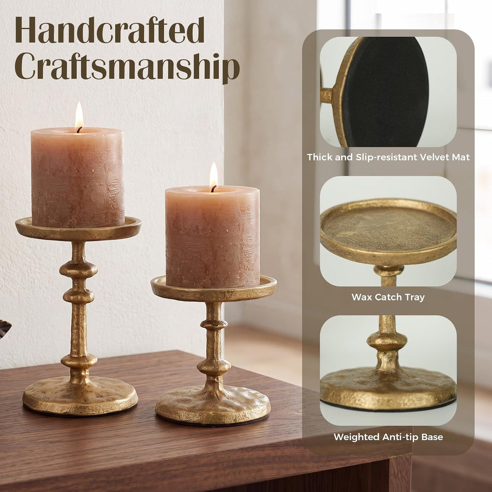 Gold Cast Iron Pillar Candle Holders Set of 2 Farmhouse Candlesticks