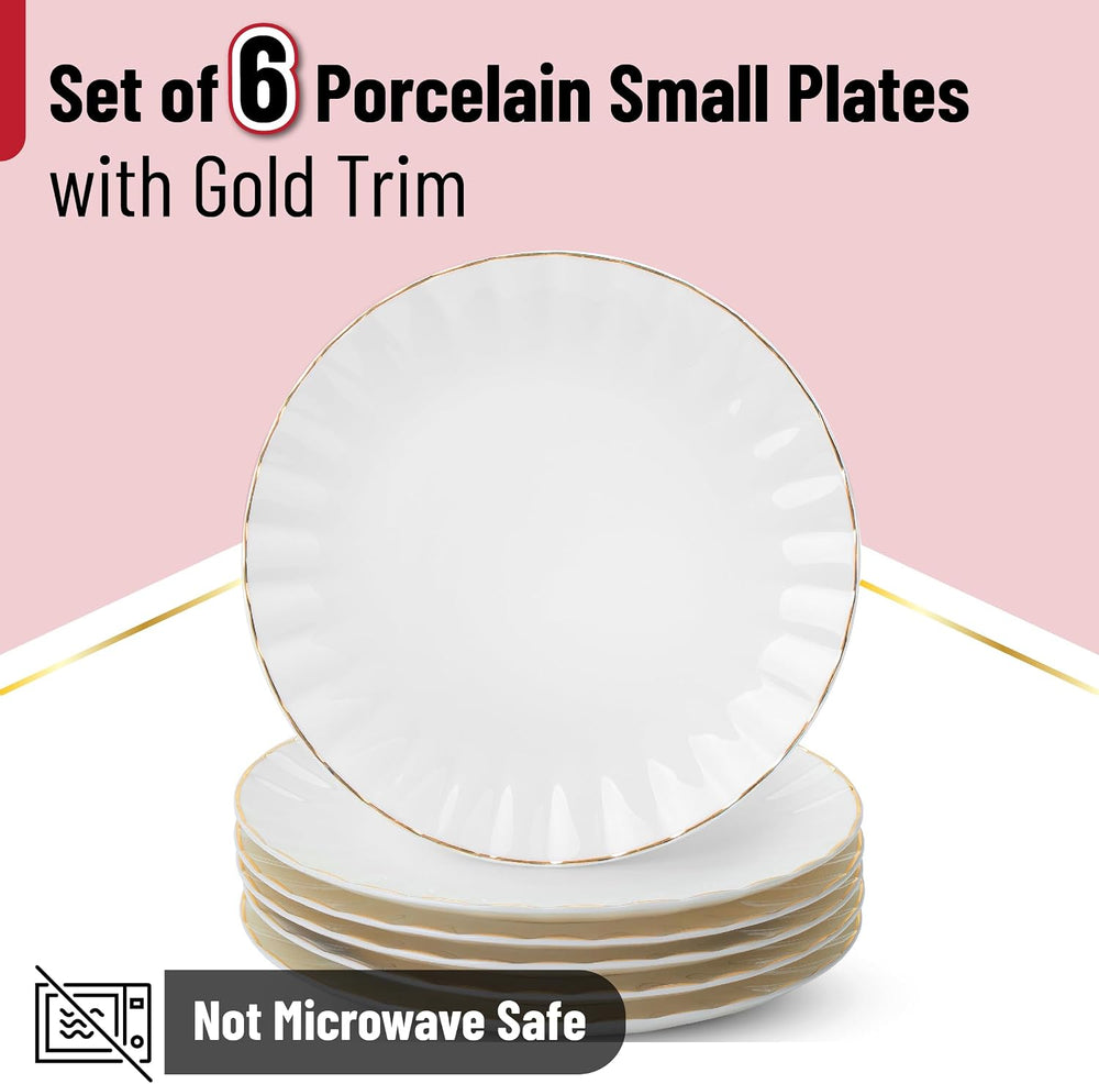BTaT- Gold Rim Porcelain Dessert Plates, 8", 6 Pack, Christmas