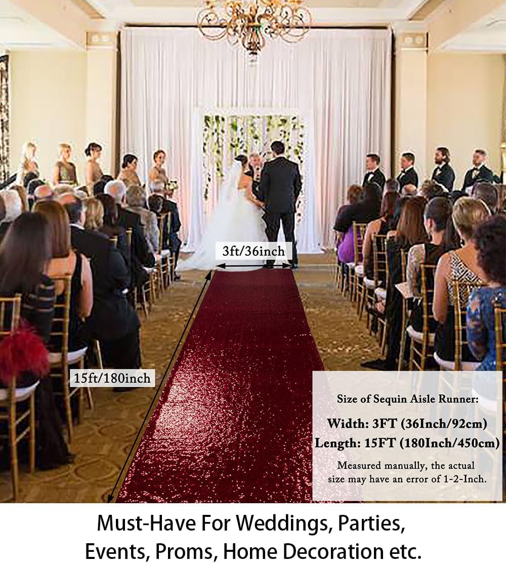 36" x15ft Burgundy Sequin Wedding Aisle Runner, Sparkling Decorative Car...