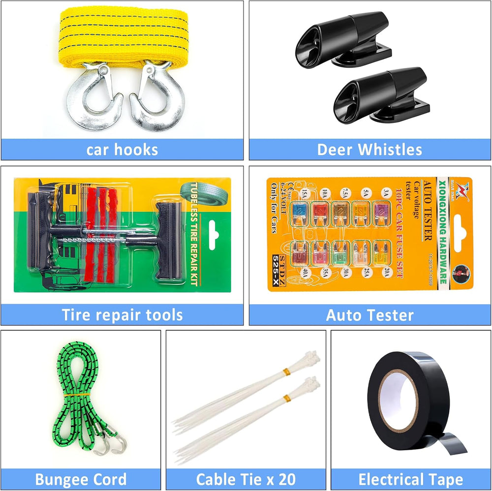 105 PCS Roadside Car Emergency Assistance Kit with Portable Air Compressor Ju...