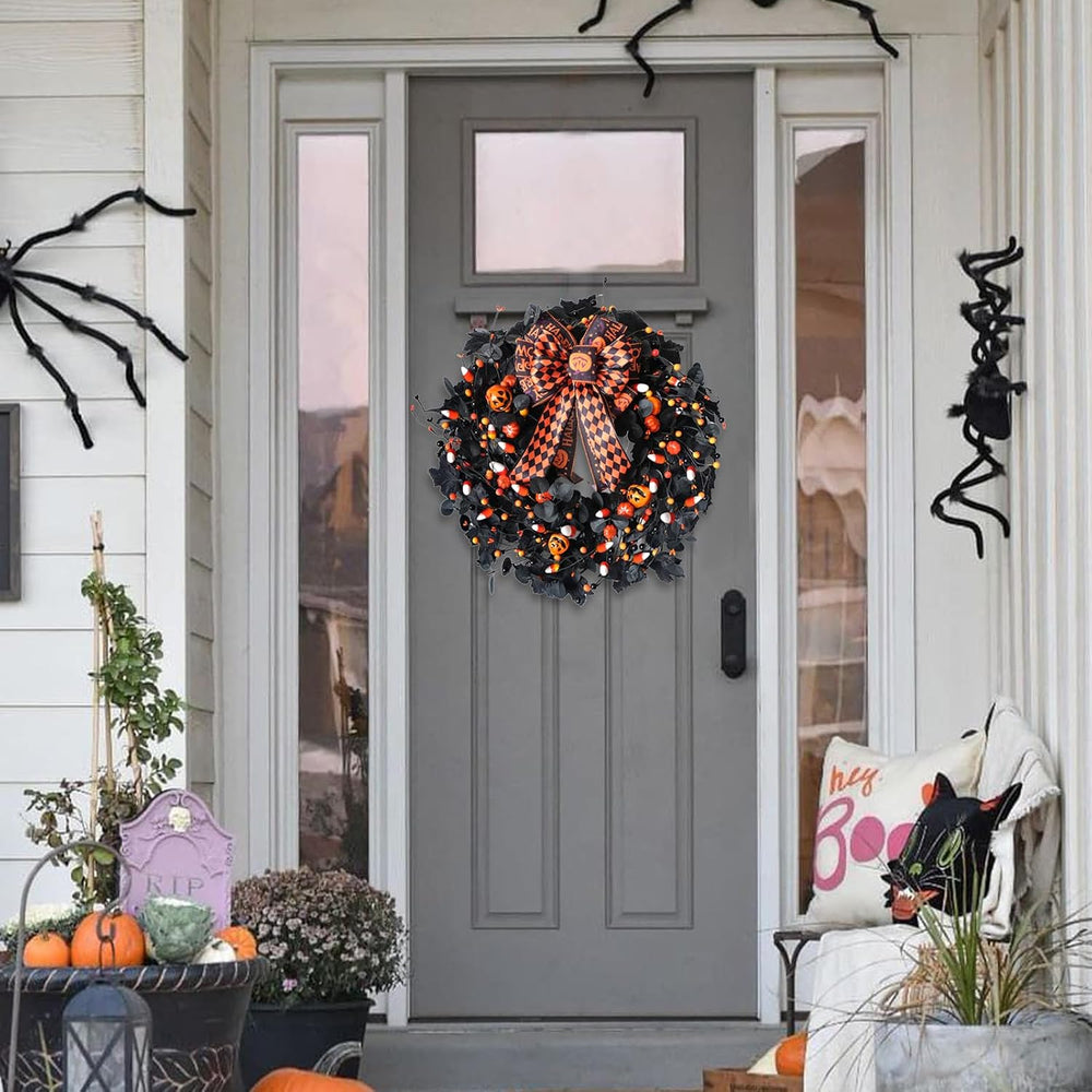 22inch Black Halloween Wreaths for Front Door Bow Decorative