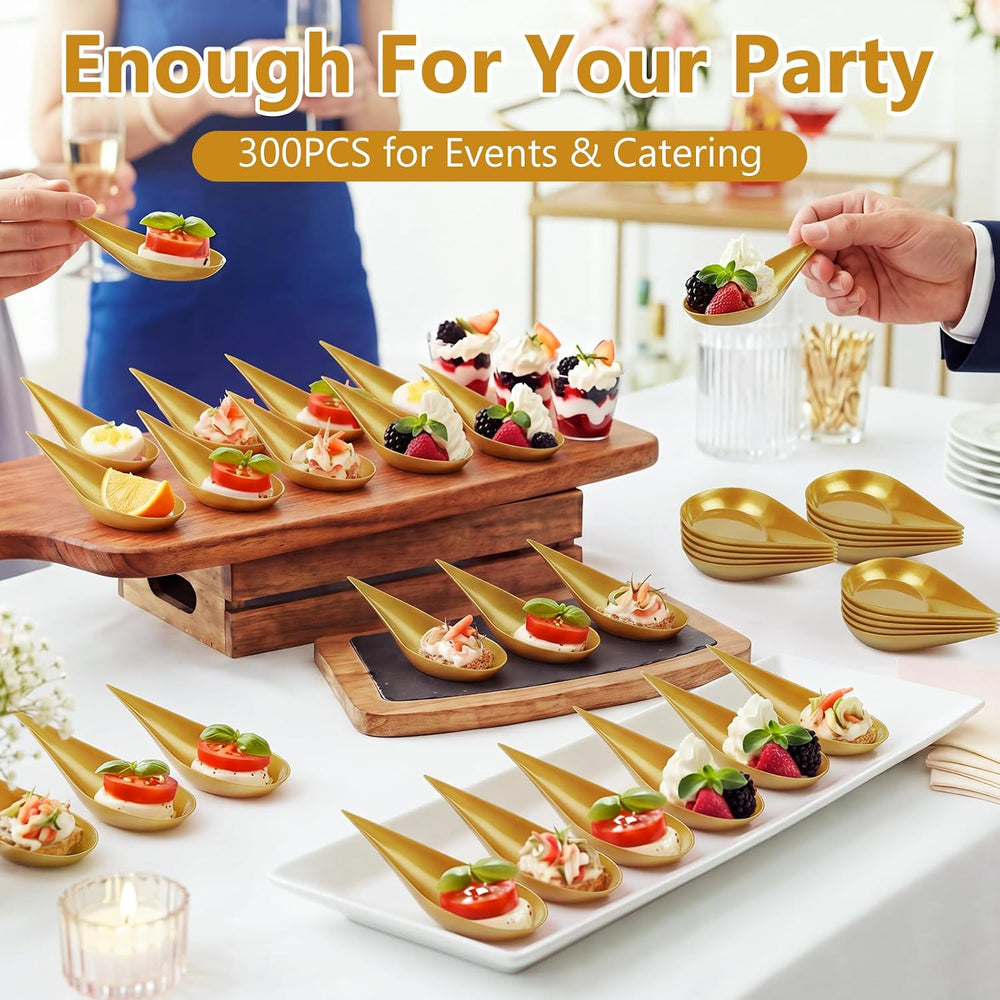 300 Pcs 4 in Plastic Appetizer Spoon Tear Drop Tasting Spoon, Gold