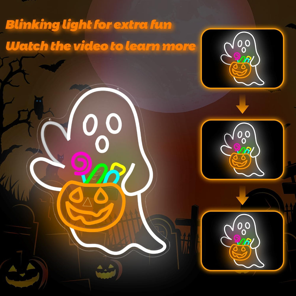 Waving Ghost Pumpkin Candy Basket Halloween Neon Sign Dimmable LED Decor
