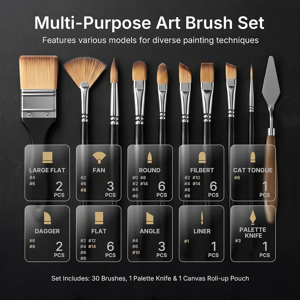 Nicpro 30pcs Paint Brush Set for Acrylic Painting, Oil, Watercolor, Gouache