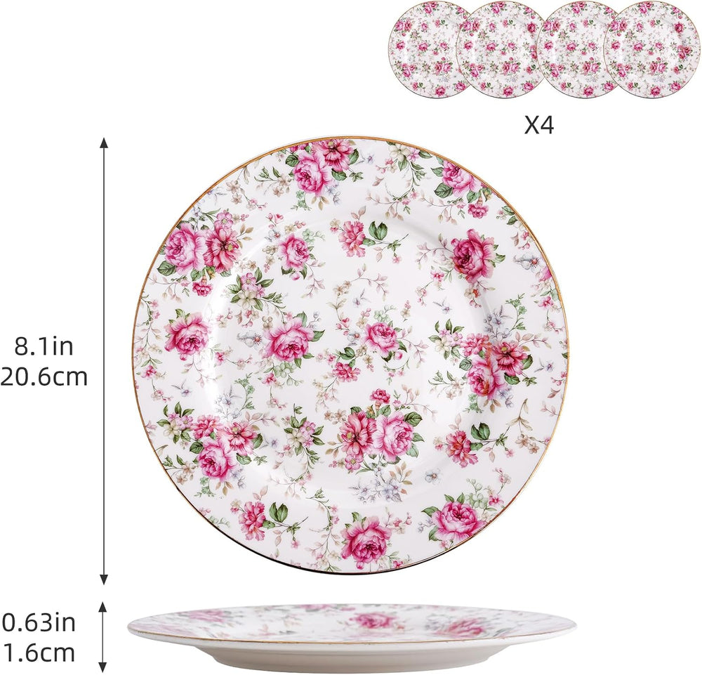 Porcelain Floral Plates, 8in Set of 4 Round Small Appetizer Dessert Plates fo...