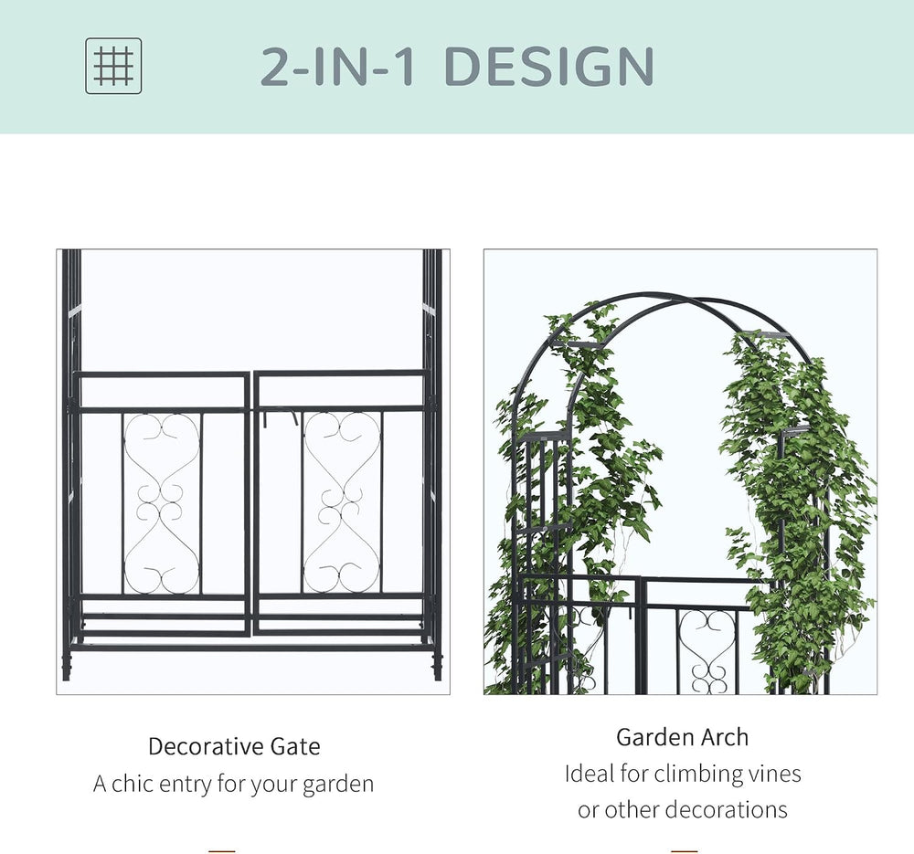 Outsunny 81" Metal Garden Arbor with Double Doors Locking Gate Arch Grey