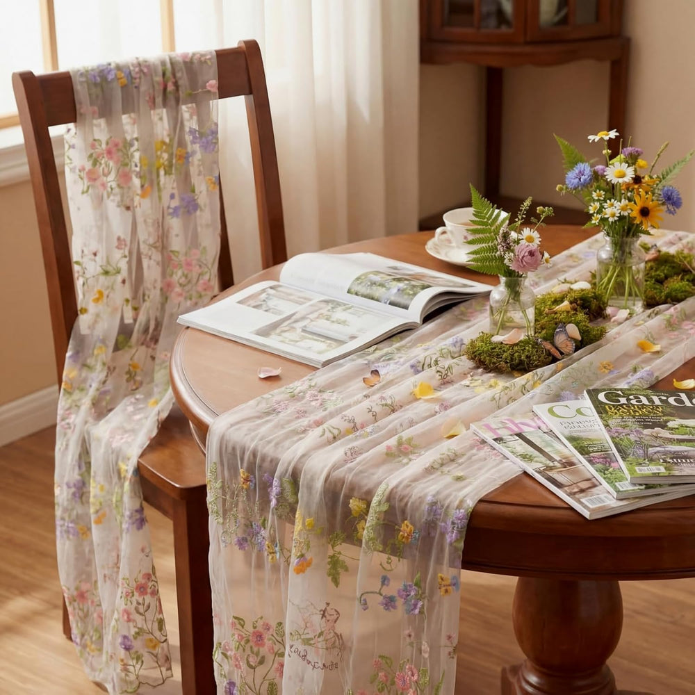 Ivory White Floral Table Runner 10ft Embroidery Tulle Wildflower