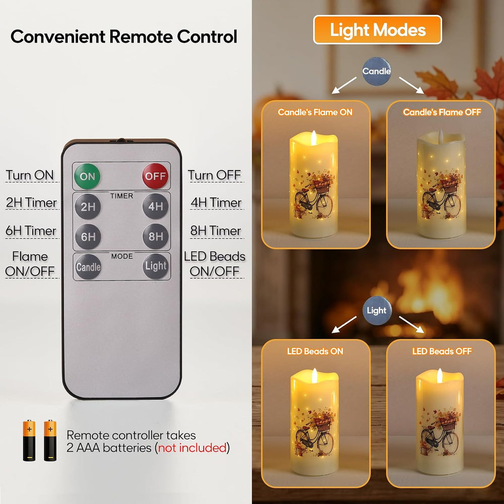 Fall Fiber Optic Flameless Pillar Candles with Remote Set of 3
