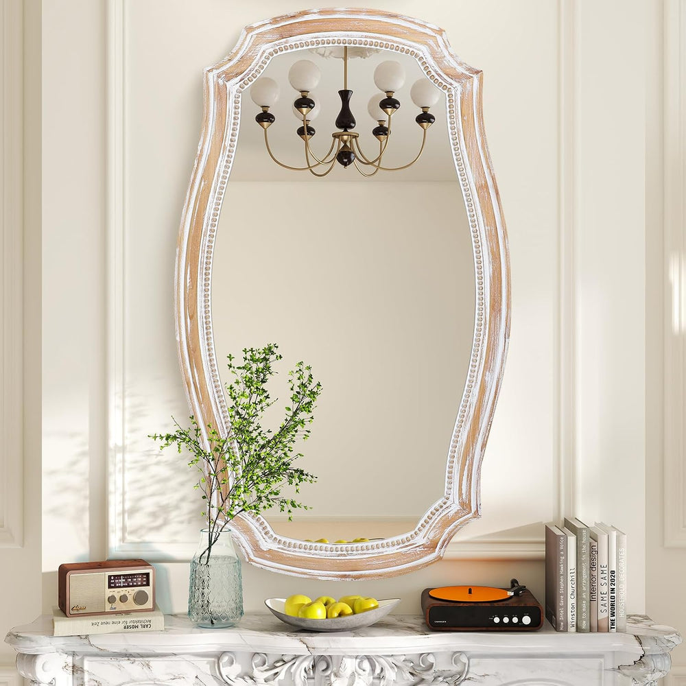 Scalloped Wall Mirror with Wood Frame, 36x24 Inch Distressed Mirrors