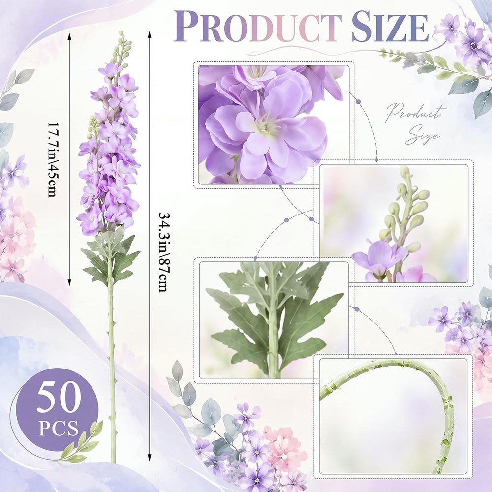 50 Pcs Pastel Delphinium Artificial Flower Bulk, 34.25"