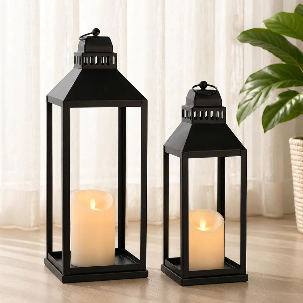 Decorative Lanterns Indoor Outdoor, 2Pcs 17" 13" Black Lantern with...