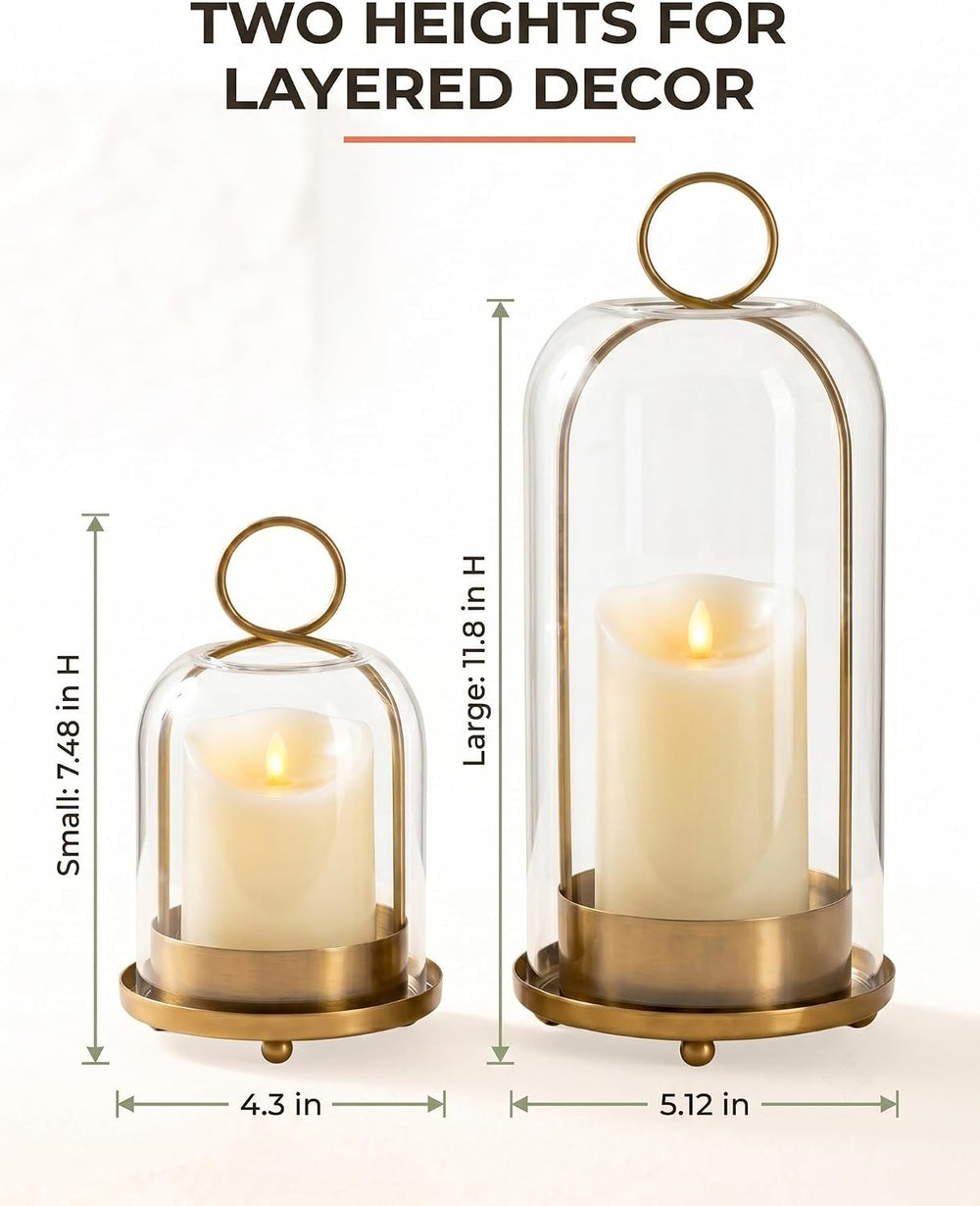 Brass Candle Holder Set of 2, Hurricane Glass Candle Holders with Flameless C...