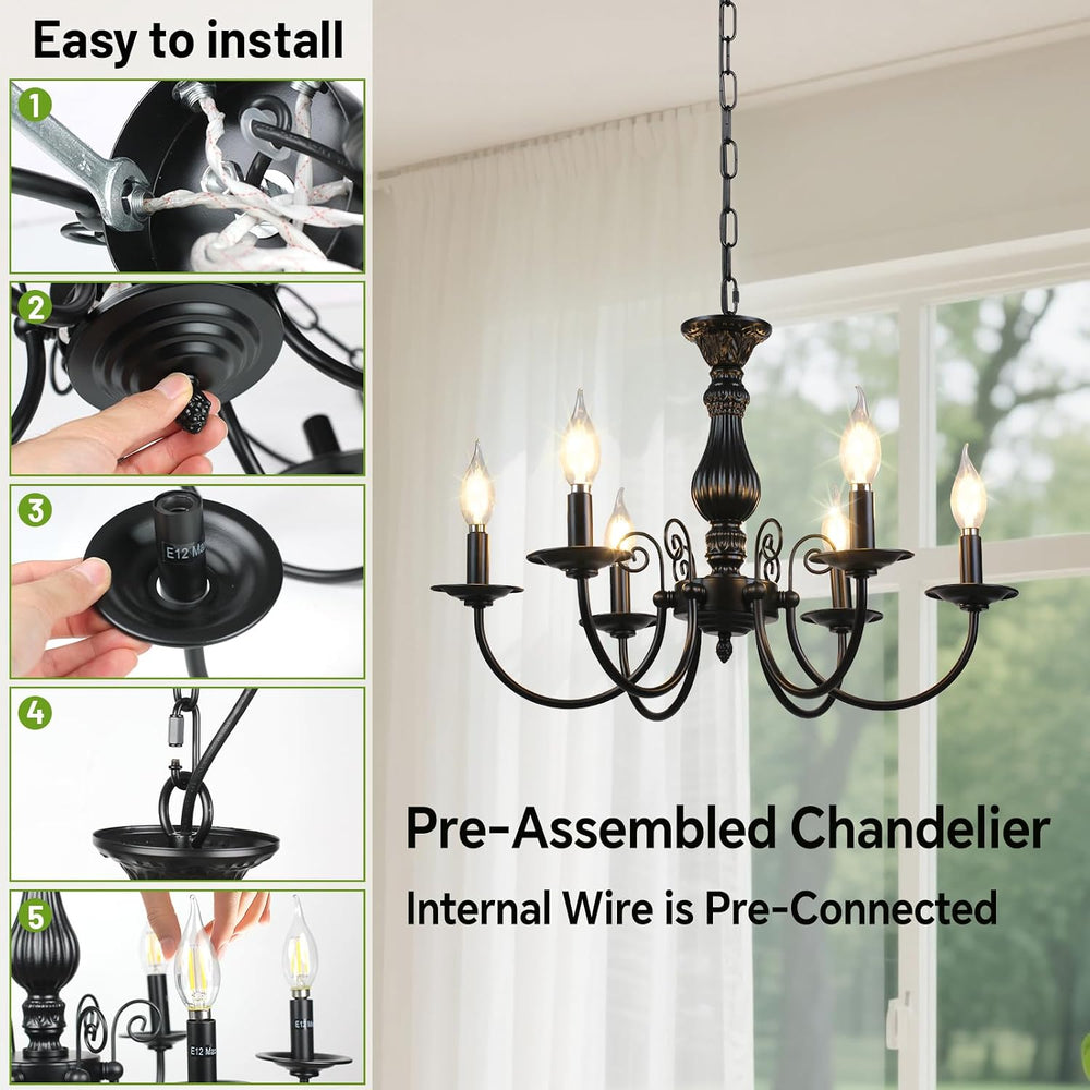 6-Light Farmhouse Chandelier for Dinning Room,Vintage Black Candle Hanging Pe...