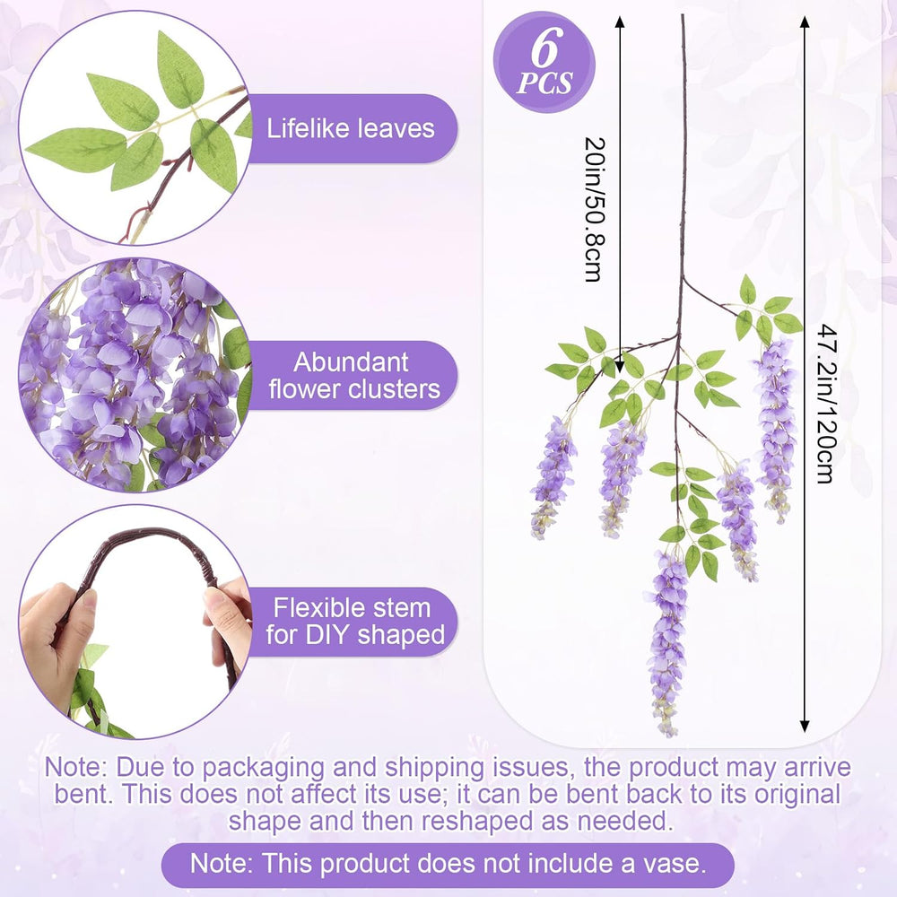 6 Pcs Artificial Wisteria Stems, Faux Florals Garland, Purple