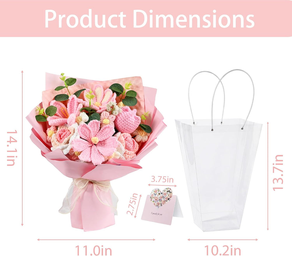 18Pcs Handmade Crochet Flower Bouquet Knitted Yarn Flowers with Bag & Car...