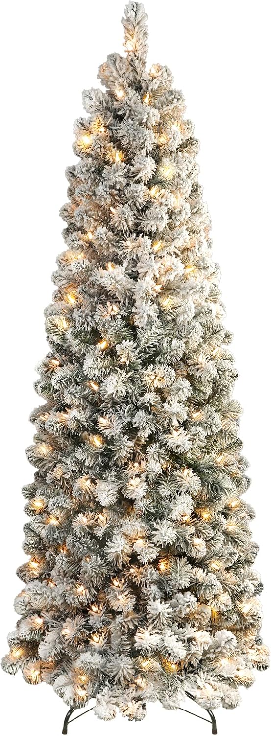 SHareconn 7.5ft Prelit Snow Flocked Artificial Slim Pencil Christmas Tree