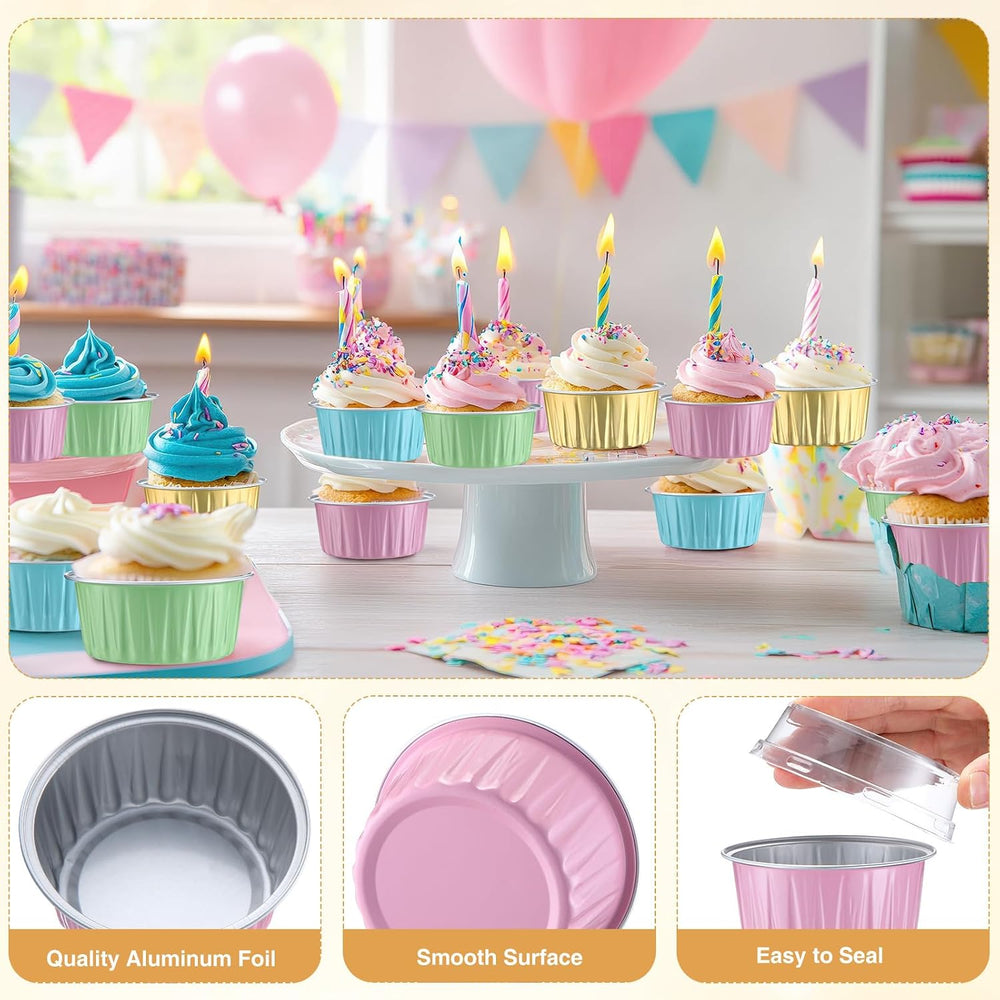 Gejoy 400 Pcs Aluminum Foil Baking Cups with Lids, Classic, Pastel Color