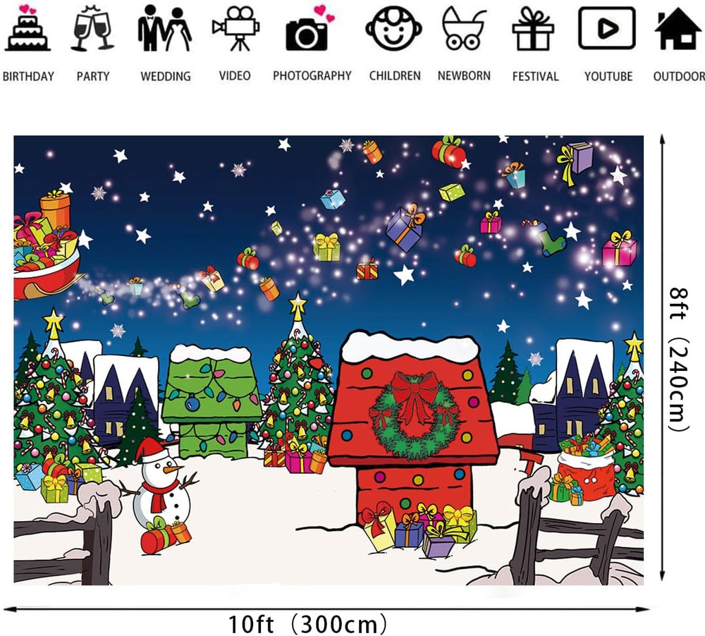 Christmas Red House Backdrop 10x8FT Comic Winter Xmas Tree Snow Night Kennel ...