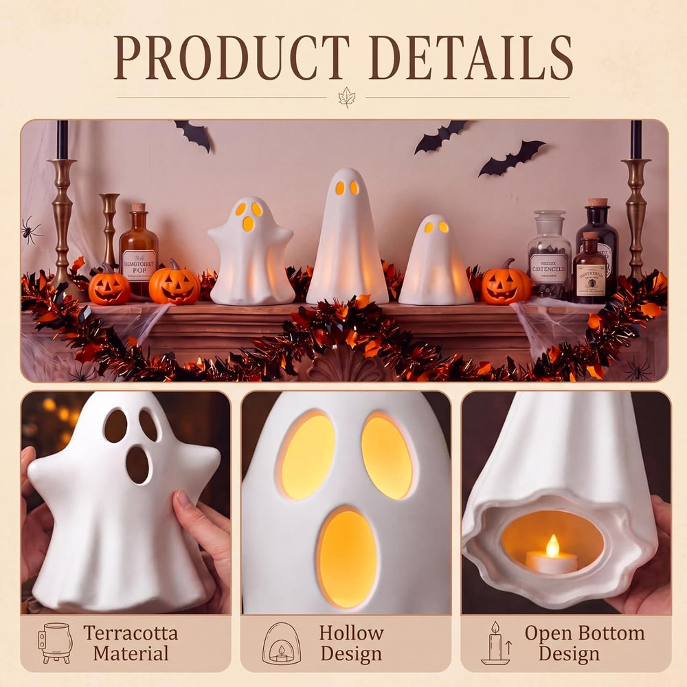 LemonRoad 3 Pcs Halloween Terracotta Ghost Decor Indoor Tealight Holder