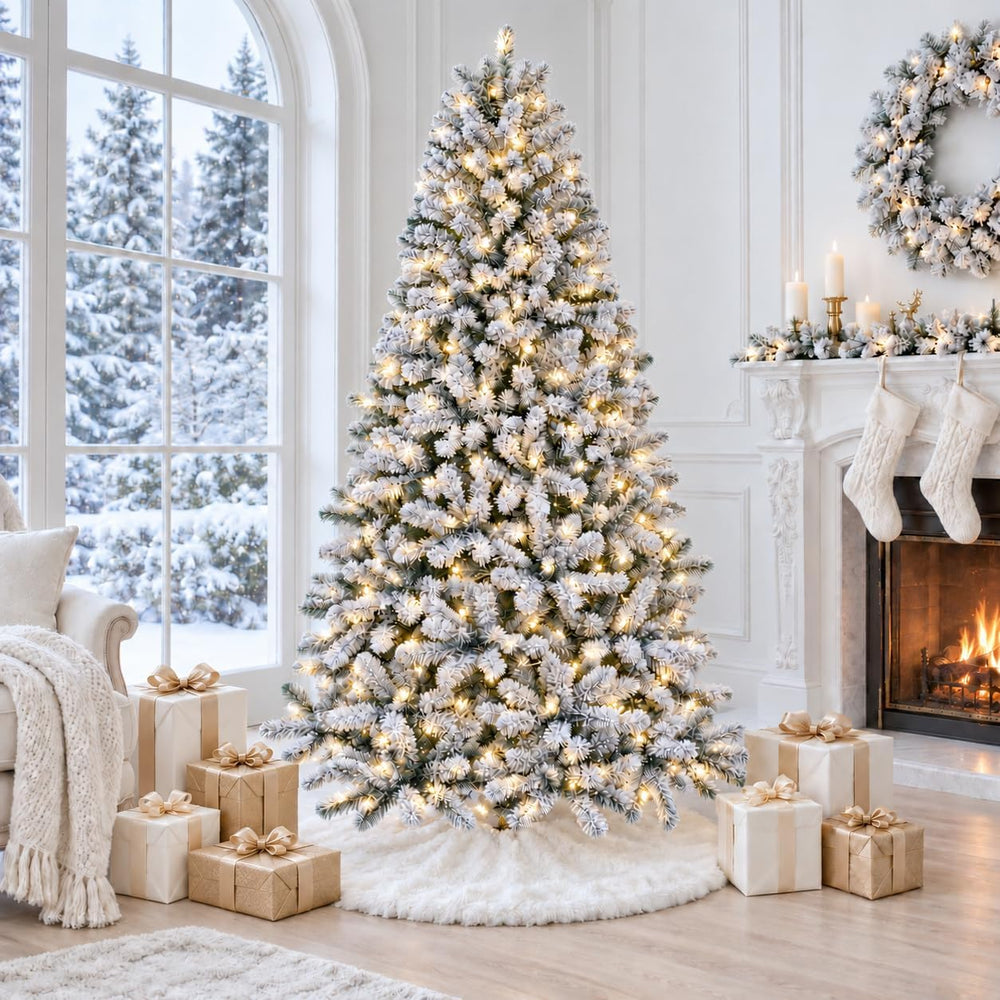 7ft Prelit Artificial Flocked Snow Spruce Christmas Tree Xmas,White