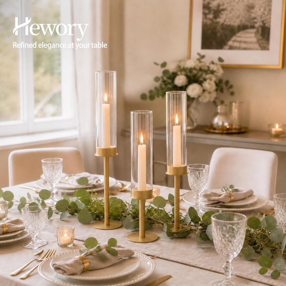 Hewory Gold Candlestick Holders: 6PCS Glass Hurricane with Brass Base