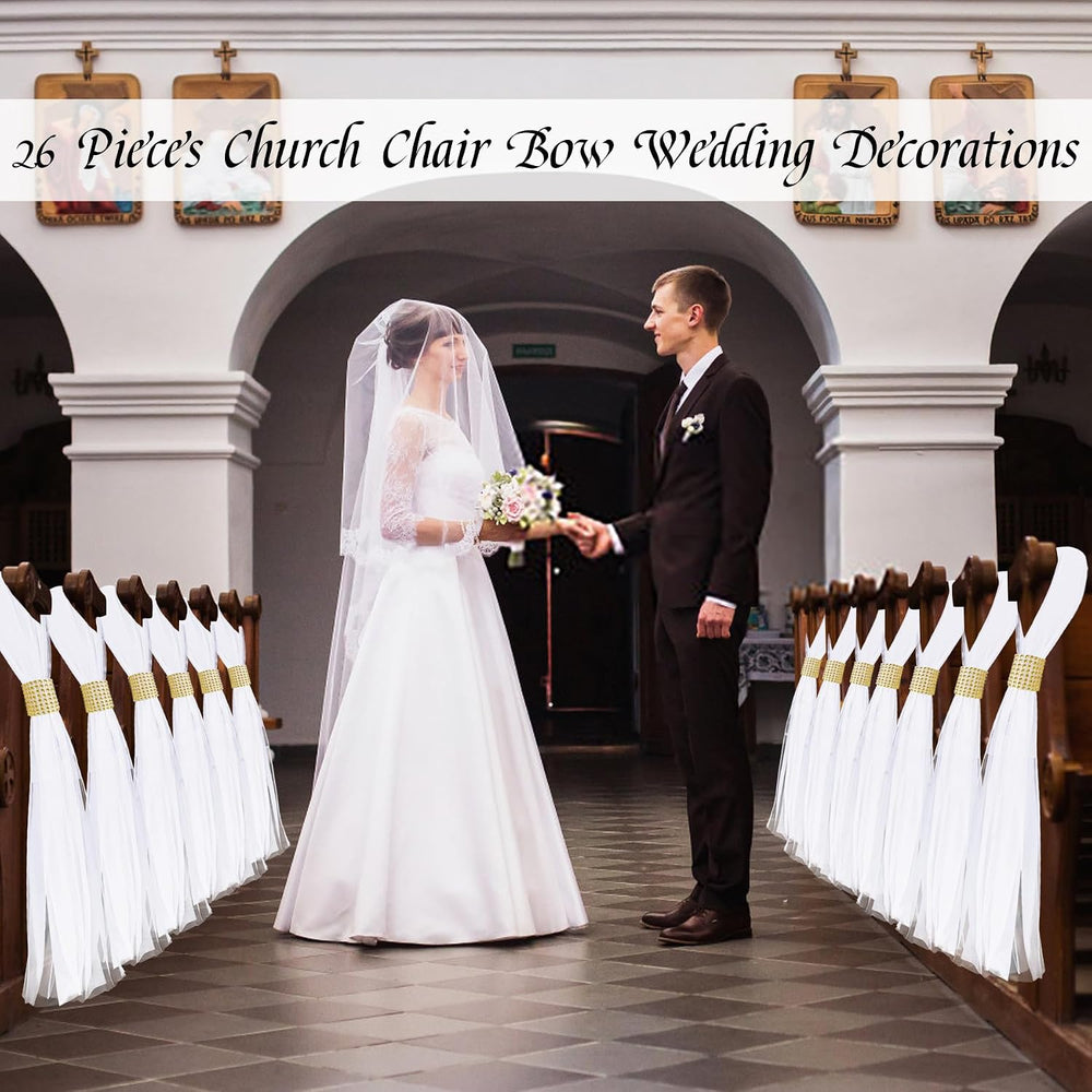 Large White Pew Bows Tulle Wedding Aisle Chair Decorations with Gold Wrap