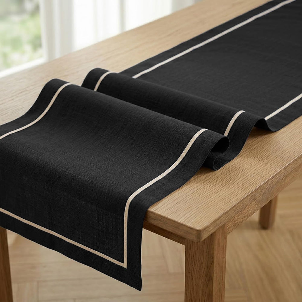 Solino Home 100% Pure Linen Table Runner Black Long, Kensington 14 x 120 in