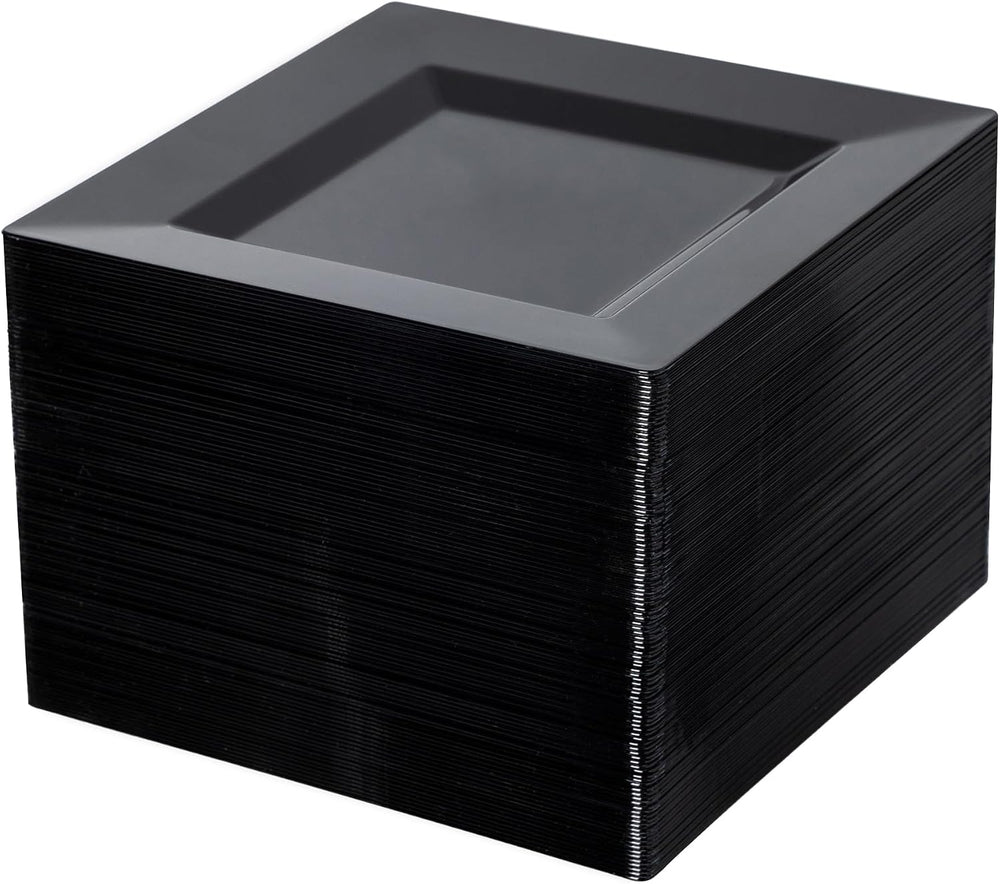 100 Pack Black Plastic Square Dessert Plates, 6.5" Disposable Salad Plates