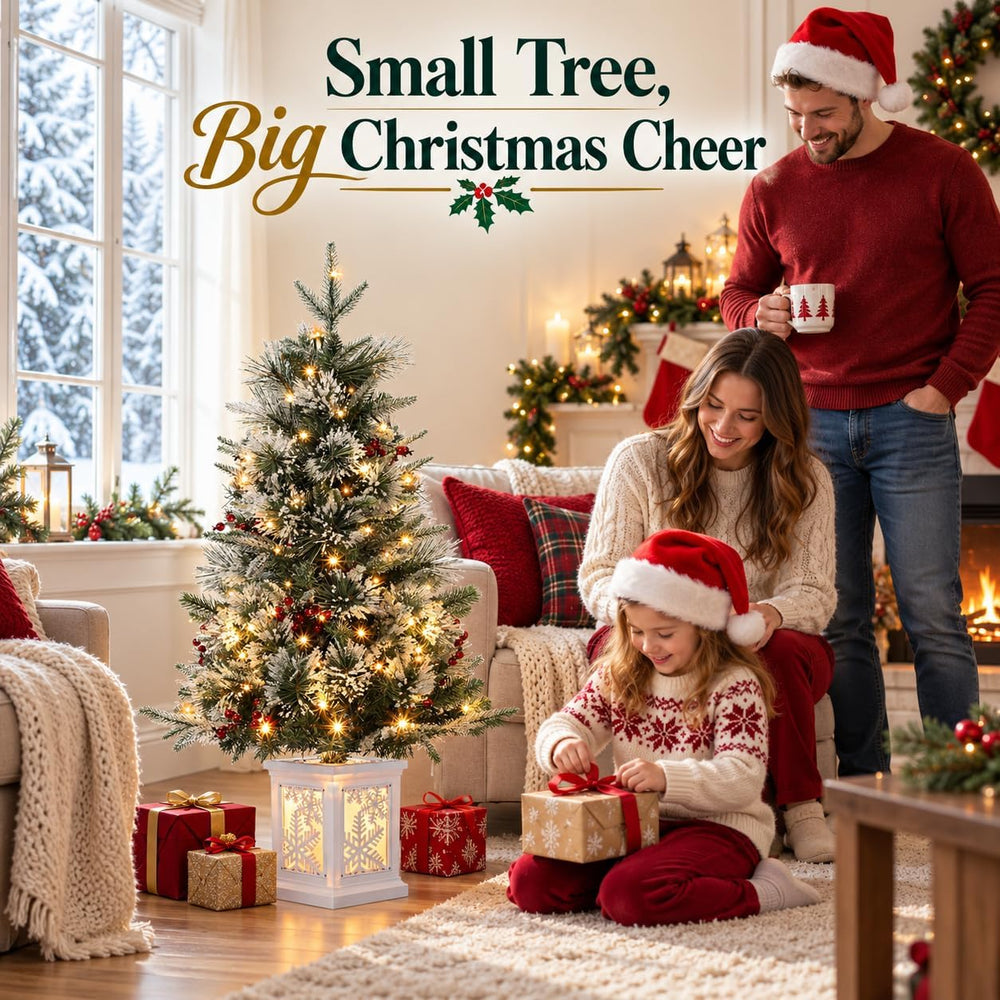 3 Ft Pre-Lit Christmas Tree, Artificial Christmas Tree with Base, Xmas Tree w...
